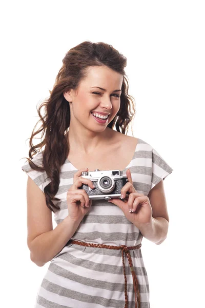 Female holding retro camera — Stock Photo, Image