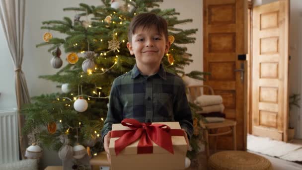 Portret Uśmiechniętego Chłopca Prezentem Świątecznym Nakręcony Aparatem Hel Red Rozdzielczości — Wideo stockowe