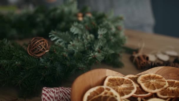 Adult Man Making Christmas Decorations Shot Red Helium Camera — Stock Video