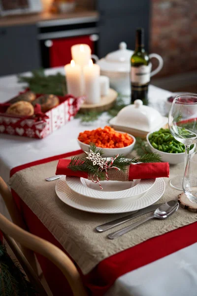 Detalle Mesa Preparada Para Cena Navidad — Foto de Stock