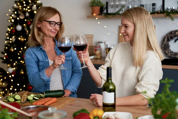 Duas Mulheres Celebram Brinde Cozinha Durante Natal — Fotografia de Stock