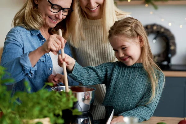 Happy Three Generations Woman Cooking Kitchen — Stock Photo, Image