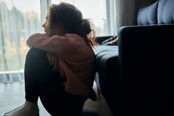 Depressed Young Caucasian Woman Flooring Silence Next Sofa — Stock Photo, Image