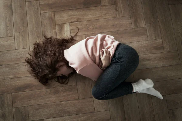Top View Young Caucasian Woman Lying Floor Having Strong Stomachache — Stock Photo, Image