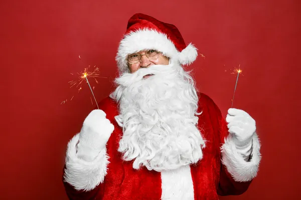 Caucasian Santa Claus Holding Christmas Sparklers — Stock Photo, Image