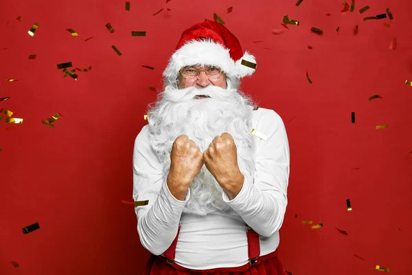 Caucasian Santa Claus Cheering Confetti — Stock Photo, Image