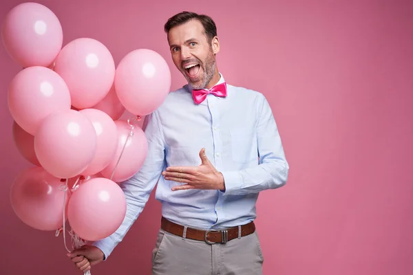 Happy Caucasian Man Holding Bunch Pink Balloons — Stock Photo, Image