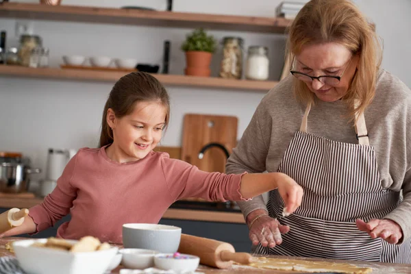 Caucasian Grandmother Kid Bake Cookies Together Kitchen — Stock Photo, Image