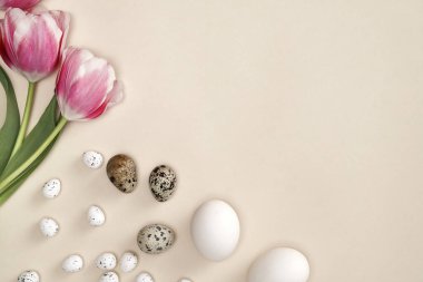 Doğal yumurta ve bahar çiçeklerinin tam üstünde.
