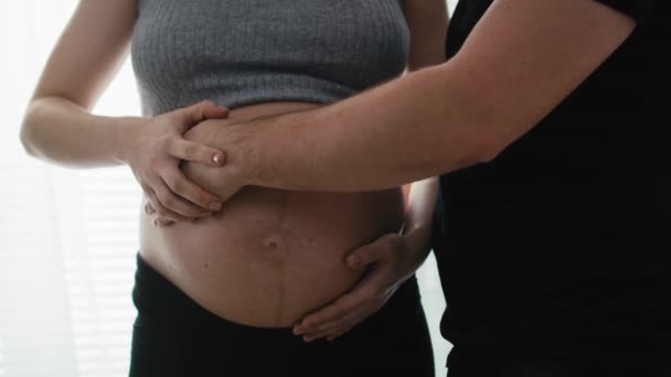 Hamile Anne Müstakbel Babanın Bebek Hareketlerini Hissetmesi Kırmızı Helyum Kamerayla — Stok video