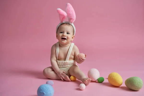 Smiling Caucasian Baby Rabbit Costume Studio — Stock Photo, Image