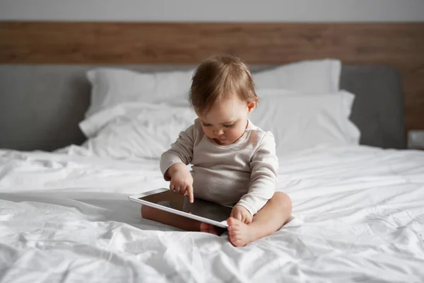 Caucasian Little Girl Digital Tablet Home — Stock Photo, Image