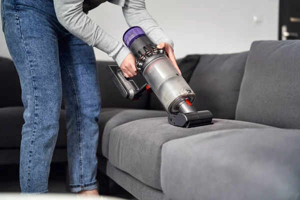 Close Caucasian Woman Vacuuming Sofa Home — Stock Photo, Image