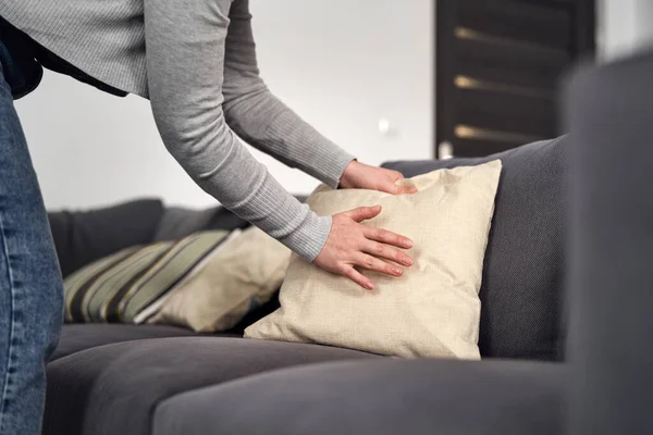 Close Caucasian Woman Arranging Pillows Sofa Home — Stock Photo, Image