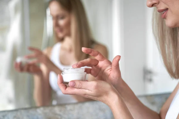 Detail Woman Apply Face Cream — Stock Photo, Image