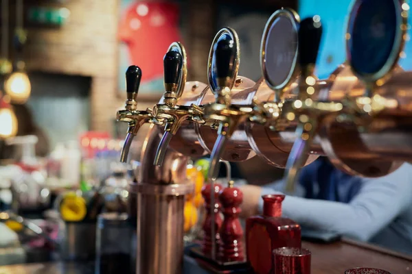 Close Beer Taps Bar — Stock Photo, Image