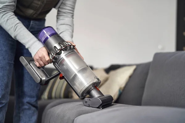 Close Caucasian Woman Vacuuming Sofa Home — Stock Photo, Image