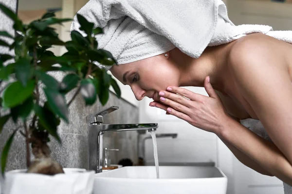 Side View Woman Washing Face Water Bathroom Stock Picture