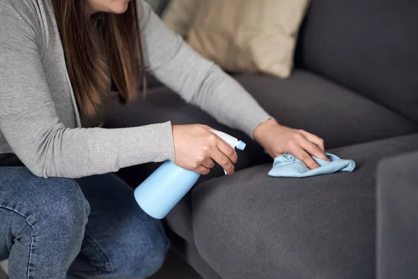 Close Woman Hands Cleaning Sofa Home — Stock Photo, Image