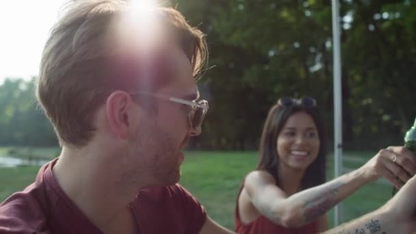 Group Young Friends Spending Time Drinking Beer Camper Side Shot — Vídeos de Stock