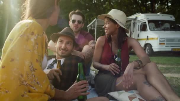 Group Young Friends Spending Time Camper Side Shot Red Helium — Video