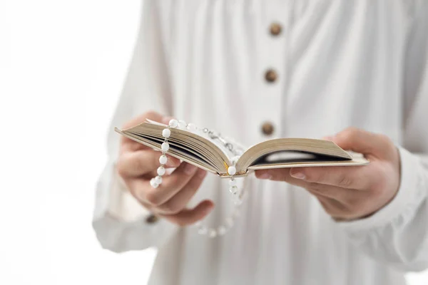 Girl White Dress Holding Holy Book Rosary — Foto de Stock