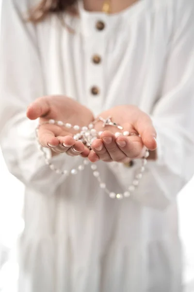 Girl White Dress Holding Rosary Open Hands — 스톡 사진