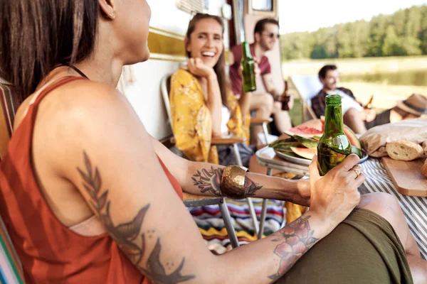 Group Young Friends Spending Time Camping Side Drinking Beer — Foto de Stock