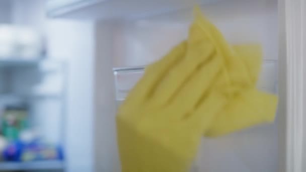 Κοντινό Πλάνο Της Καυκάσιας Γυναίκας Που Καθαρίζει Ψυγείο Στο Σπίτι — Αρχείο Βίντεο