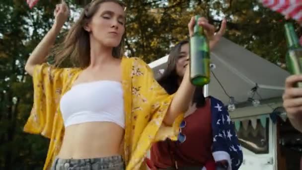 Group Young Friends Dancing Celebrating 4Th July Camping Shot Red — Wideo stockowe