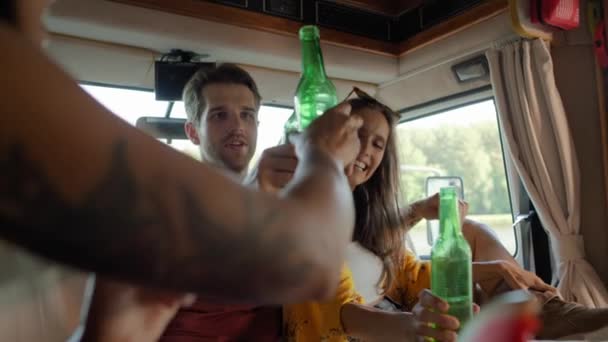Group Young Friends Spending Time Camper Drinking Beer Relaxing Shot — Stok video