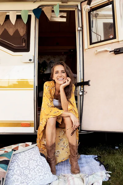 Portrait Young Cheerful Woman Sitting Doors Camper —  Fotos de Stock