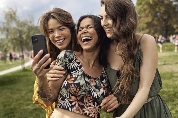 Grupa Przyjaciół Robiących Selfie Festiwalu Muzycznym — Zdjęcie stockowe