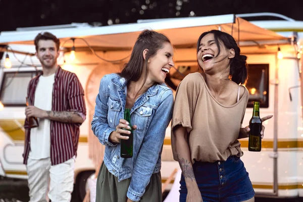 Two Girls Having Fun Camping Side Drinking Beer Evening — Foto de Stock