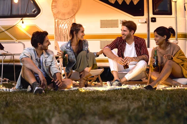 Group Young Friends Spending Time Camping Side Drinking Beer Chatting — Stockfoto