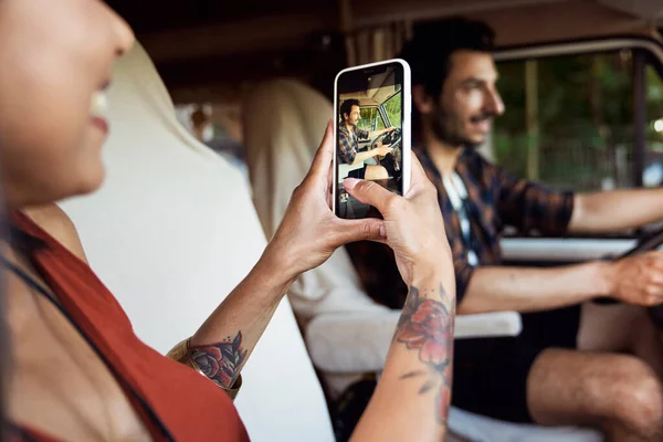 Unrecognizable Mixed Race Woman Taking Photo Her Boyfriends Driving Camper — Stockfoto