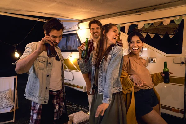 Group Young Friends Spending Time Camping Side Drinking Beer Dancing — Foto de Stock