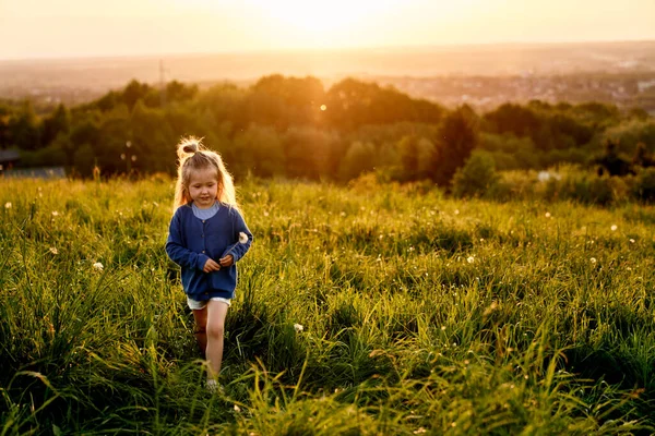 Pequeña Chica Caucásica Caminando Prado — Foto de Stock