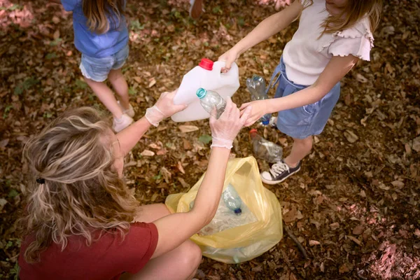 Blanke Familie Raapt Afval Vuilniszak Uit Het Bos — Stockfoto