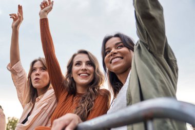 Bir grup çok ırklı arkadaş müzik festivalinde iyi eğlenceler.   