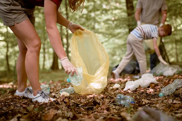 Close up of woman\'s hand picking up plastic bottle from forest