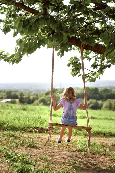 Вид Сзади Милую Маленькую Девочку Качающуюся Летний День — стоковое фото
