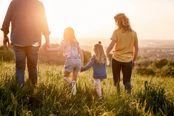 牧草地を歩いている2人の娘を持つ家族の後部ビュー — ストック写真