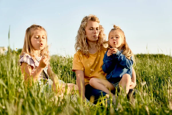 有两个女儿的妇女在草地上消磨时光 — 图库照片