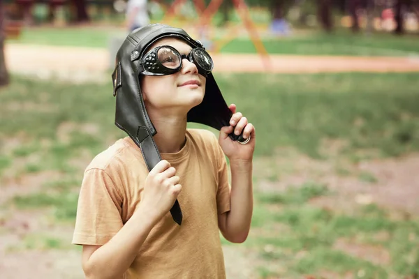 Young Ginger Boy Goggles Pilot Hat Standing Outdoors — Photo