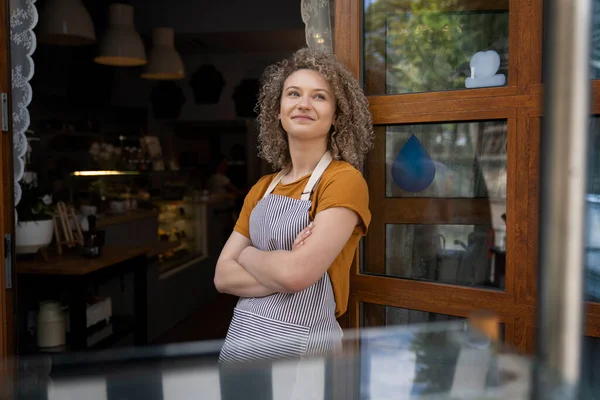 Caucasian Waitress Standing Apron Cafe Looking — Photo