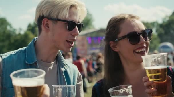 Group Friends Spending Time Together Music Festival Drinking Beer Shot — Stockvideo