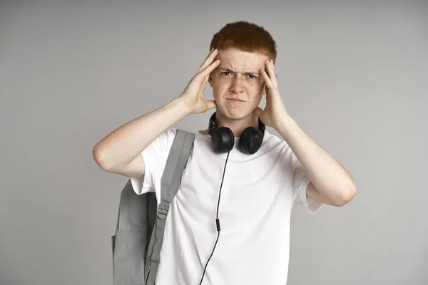 Angry Ginger Male Student Grey Background — Stock Photo, Image