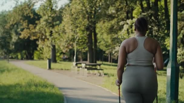 Vista Trasera Mujer Con Sobrepeso Haciendo Nordic Walking Parque — Vídeo de stock