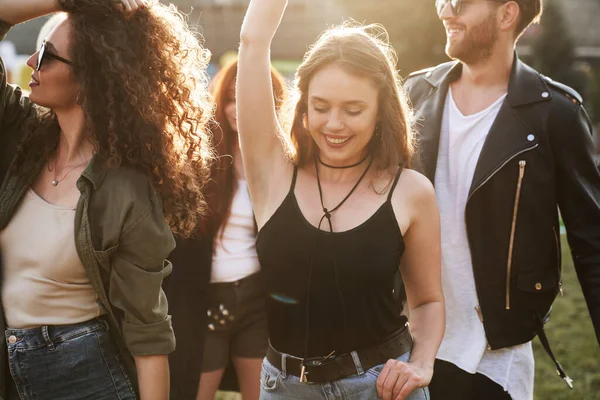 Group Young Caucasian Friends Dancing Having Fun Music Festival — Stockfoto